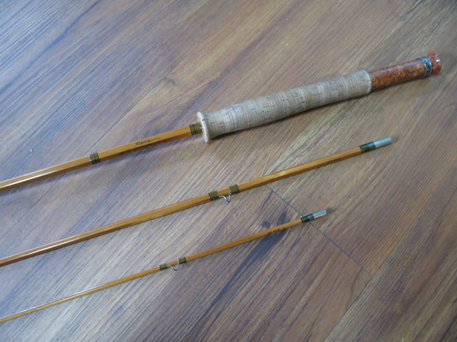 Portions of a beautifully crafted Raine bamboo fly rod.